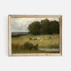 countryside landscape print, cattle near stream painting, vintage landscape art, country farmhouse decor, grazing cows