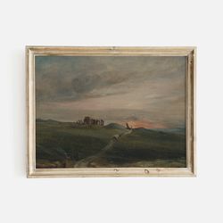 vintage sunset landscape painting, english landscape painting, hills and cloudy sky oil painting, giclee fine art print