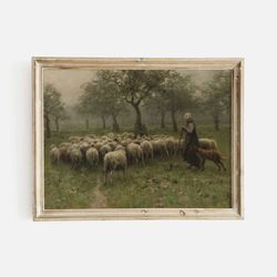 antique sheep painting, english farmhouse scene, country farm painting print, vintage landscape print, giclee fine art p