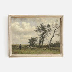 antique sheep landscape print, country farm painting print, vintage landscape painting, vintage farmhouse decor, cottage