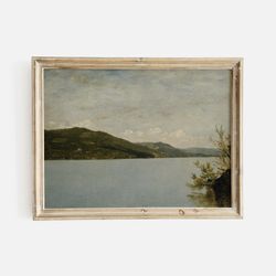 Vintage Lake Print, Print of Antique Oil Painting of a Lake with Distant Mountain, Muted Painting, Rustic Wall Art, Cott