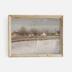 winter european village landscape art print, vintage neutral lake painting, muted antique landscape oil painting, winter