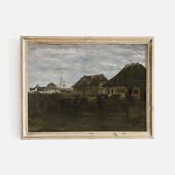 antique european landscape painting print, winter in small town, farmhouse village painting, dark moody landscape, vinta