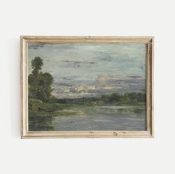 french landscape print, vintage european landscape art, landscape with cloudy sky, lake scenery, french antique art, gic