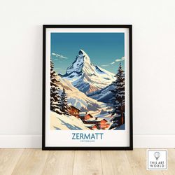 Zermatt Ski Poster Art Print Travel Print  Home Dcor Poster Gift  Digital Illustration Artwork Wall Hanging  Framed & Un