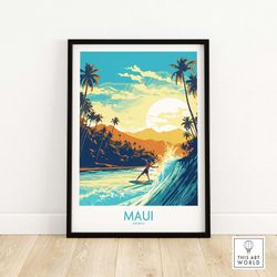 Maui Hawaii Surf Poster Art Travel Print  Home Gift Birthday present Wedding anniversary Wall Dcor  Personalized Illustr
