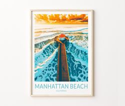 manhattan beach travel poster, california manhattan beach pier wall art, los angeles  travel home decor wall art city tr