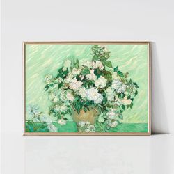 Vincent van Gogh Rose Painting  Impressionist Flower Still Life  White Pink Floral Print  Printable Wall Art  Digital Do