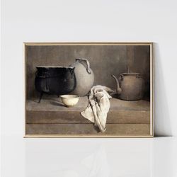 Vintage Farmhouse Kitchen Painting  Rustic Pottery Still Life  Gray Country Kitchen Print  Printable Wall Art  Digital D