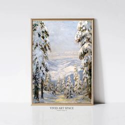 winter landscape  snowy pine tree painting  vintage art print  winter rustic landscape print  printable wall art  digita
