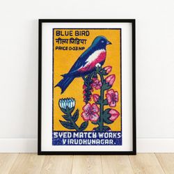 Blue Bird - Matchbox Print - India Wall Art - Vintage India Art - Matchbox Wall Poster - Vintage Poster Print