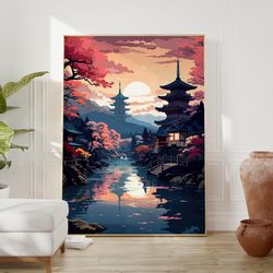 Anime Poster with Vibrant Kyoto Landscape, Lofi & Sakura Wall Decor for Anime Fans, Perfect Zen Addition for Home