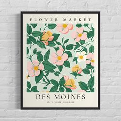 Des Moines Iowa Wild Flower Market Art Print, Des Moines Flower Wall Art, Wild Rose Botanical Pastel Artwork