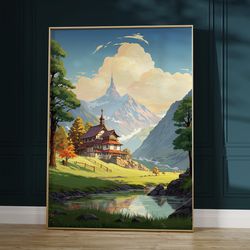 anime landscape poster - vibrant mountain scenery with house by river, ideal for aesthetic room decor & anime lovers