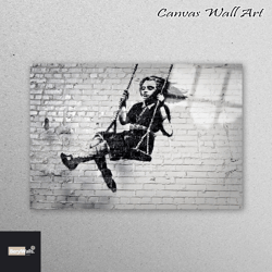 Mural Art, Glass, Wall Decoration, Banksy Girl On Swing, Graffiti Glass Decor, Banksy Girl Wall Decoration, Painting Gla