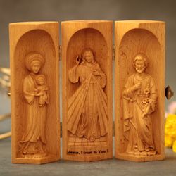 Triptych of Our Lady of La Vang- Jesus Christ- Saint Joseph ,Wood Carving Catholic Icons,Wooden Religious Gifts