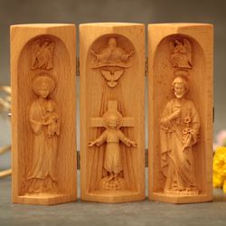 Triptych of Our Lady of La Vang-Infant Jesus Christ- Saint Joseph,Wooden Catholic Icons,Wooden Religious Gifts,Baptism G