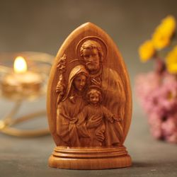 Blessing of Jesus & Holy Family Two-Sided Desktop Figurine Wood Carvings Religious Art Religious Icons Religious Home De