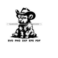 Baby Highland Cow in Cowboy Hat svg png dxf eps pdf | transparent vector graphic design cut print dye sub laser engrave