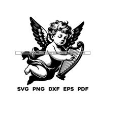 Baby Angel Cherub with Harp 2 | svg png dxf eps pdf | transparent vector graphic design cut print dye sub laser engrave