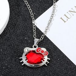 Hello Kitty Red Rhinestones Necklace Cute KT Cat Pendant Neck Chains Sanrio Fashion Jewelry for Women Necklaces Accessor