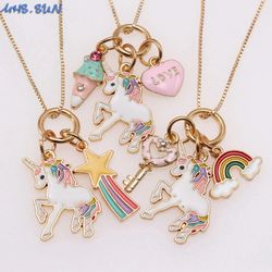 MHS.SUN Child Unicorn/Key/Rainbow Charm Pendant Chain Necklace Fashion Zinc Alloy Jewelry Girls Kids Chain Necklace