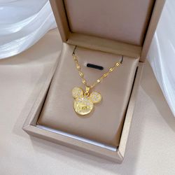 Stainless Steel Lovely Cartoon Mouse Cz Stone Mouse Head Necklace Gold Color Delicate Tiny Animal Charm Pendant Female G