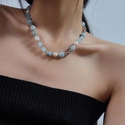 New fashion blue natural stone mix freshwater pearl summer irregular original design sense INS exquisite necklace