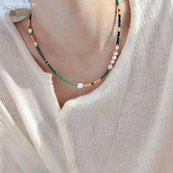 new pearl female necklace summer INS simple design color green crystal temperament simple clavicle chain