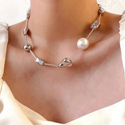 Korean style unique design sense of irregular metal pearl stitching necklace personality men and women collarbone chain
