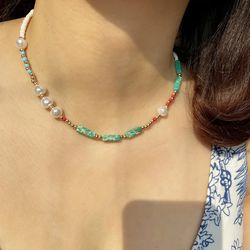 Bohemian summer pearl necklace agate green semi precious stone fashion handmade clavicle necklace accessories
