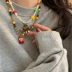 2022 new cute cartoon Santa Claus festive glass handmade beaded womens necklace Instagram color exquisite