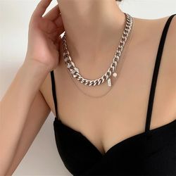 Fashion Punk Silver Color Metal Wide Link Chain Choker For Women Girls Shiny Crystal Necklace Party Jewelry Gifts