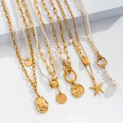 Freshwater Pearl Golden Necklace Coins Ladies Chain Delicate Pendant Charm Stainless Steel Moroccan Jewelry