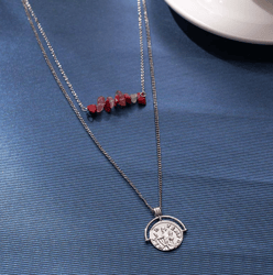 Red Coral Stone Roman Relief Coin Pendant Double Layer Necklace Antique Coin Round Hanging Tag Retro Fashion Versatile