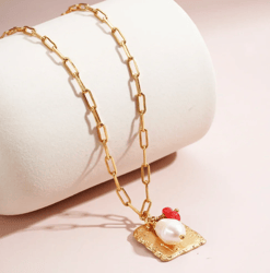 Stainless Steel Necklace with Pearl Red Coral Rope Chain Women Accessories Fashion 2024 Trends Drop Products