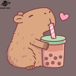 Cute Capybara Loves Bubble Tea PNG Design