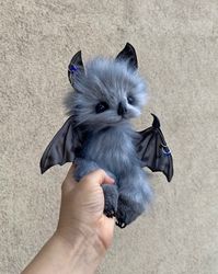 ON ORDER Bat Benya fur bat, gray bat, blue eyes, furry doll, soft doll, fur doll, stuffed toy, plush bat, soft bat