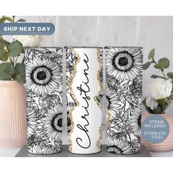 Custom Name Tumbler for Women, Sunflower Tumbler Cup, Sunflower Gifts for Her, Personalized Travel Mug, (TM-25BLACK)
