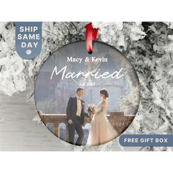 Personalized Marriage Photo Ornament, Custom First Christmas Married Ornament, Newlywed Holiday Keepsake, Couples Gift,
