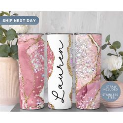 Pink Marble Custom Tumbler, Glitter Tumbler with Straw, Personalized Glitter Tumbler, Marble Travel Mug, Gifts for Her,
