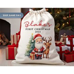 Personalized Santa Sack, Reindeer Gift Bag, Personalized Kids Presents Sack, Drawstring Gift Sack, Christmas Sack, (SP-9