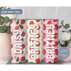 Personalized Strawberry Tumbler, Strawberry Tumbler Cup, Custom Daisy Flower Travel Mug, Berries Water Bottle, 20oz Skin