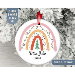 personalized teacher christmas ornament, cute rainbow teacher ornament with name, personalized teacher gifts