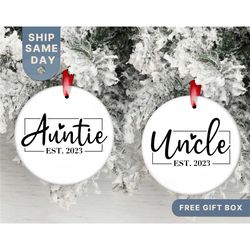 personalized uncle & auntie ornament, custom new uncle ornament, new auntie ornament, baby announcement gift, (or-79)