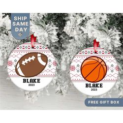 sports christmas ornament, custom football ornament, personalized basketball ornament, boy's holiday ornament, (or-64)