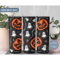 Scary Pumpkin Tumbler, Ghost Halloween Tumbler Cup with Straw, Spooky 20oz Travel Cup Mug, (TM-174 Black)