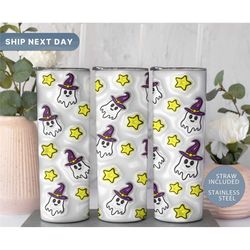 Witches Tumbler, Ghosts Halloween Tumbler Cup with Straw, Spooky 20oz Travel Cup Mug, (TM-170 White)