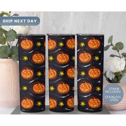 Halloween Pumpkins Tumbler, Spooky Tumbler Cup, Pumpkin Travel Mug Cup, Halloween 20oz Skinny Tumbler with Straw, (TM-16