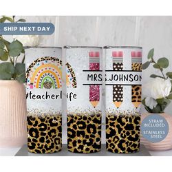 brown personalized teacher life tumbler  gift for school teacher  cheetah tumbler for teacher  personalized teacher tumb